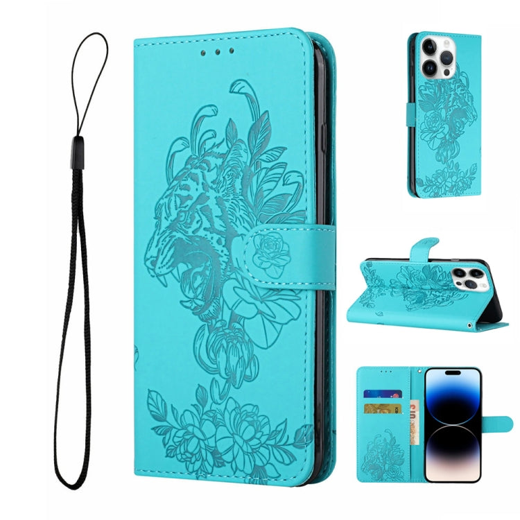 Tiger Flower Embossing Leather Phone Case, For iPhone 14, For iPhone 14 Plus, For iPhone 14 Pro, For iPhone 14 Pro Max