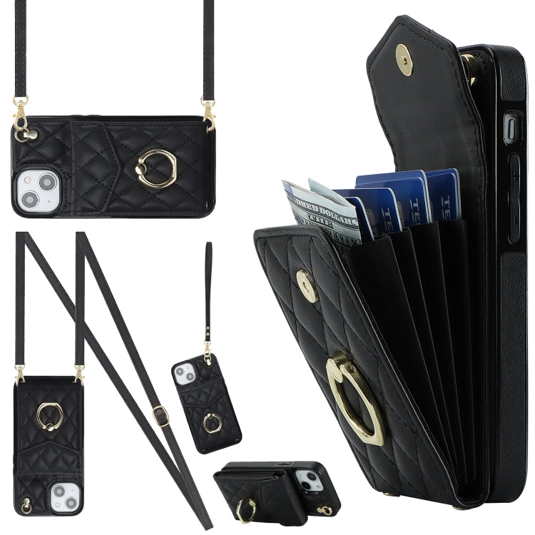 Rhombic Texture Card Bag Phone Case with Long Lanyard, For iPhone 16e, For iPhone 15 Pro Max, For iPhone 15 Pro, For iPhone 15 Plus, For iPhone 15, For iPhone 14 Plus