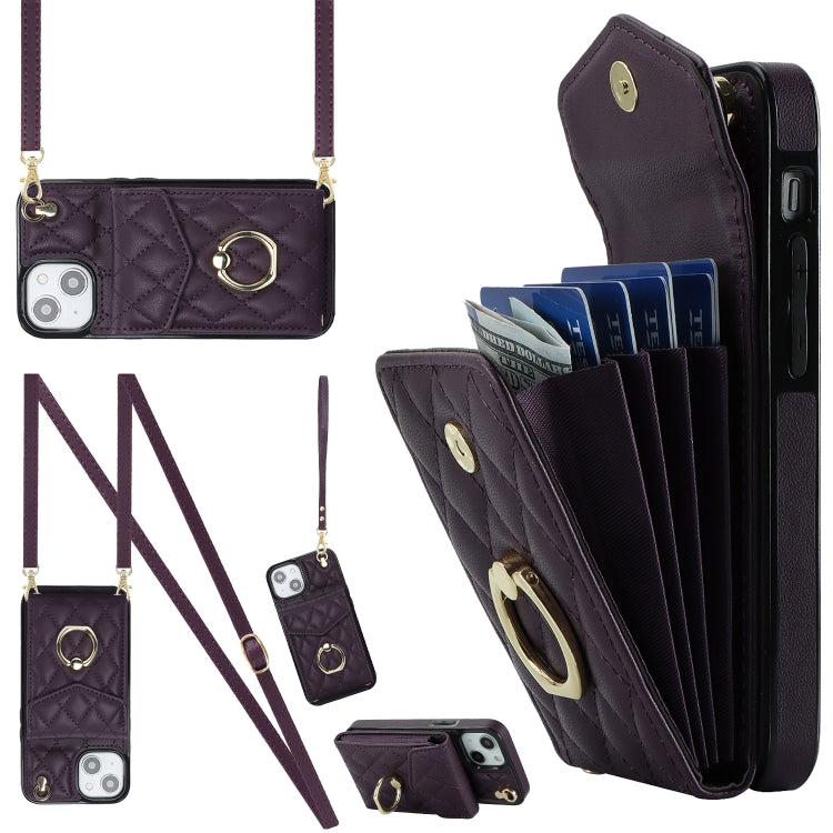 Rhombic Texture Card Bag Phone Case with Long Lanyard, For iPhone 16e, For iPhone 15 Pro Max, For iPhone 15 Pro, For iPhone 15 Plus, For iPhone 15, For iPhone 14 Plus