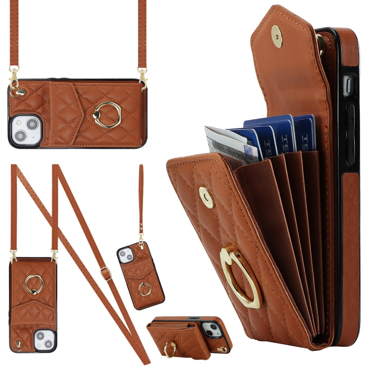 Rhombic Texture Card Bag Phone Case with Long Lanyard, For iPhone 16e, For iPhone 15 Pro Max, For iPhone 15 Pro, For iPhone 15 Plus, For iPhone 15, For iPhone 14 Plus