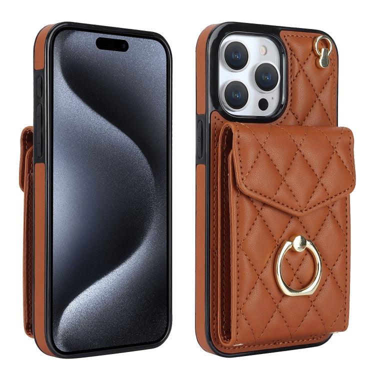 Rhombic Texture Card Bag Phone Case with Long Lanyard, For iPhone 16e, For iPhone 15 Pro Max, For iPhone 15 Pro, For iPhone 15 Plus, For iPhone 15, For iPhone 14 Plus