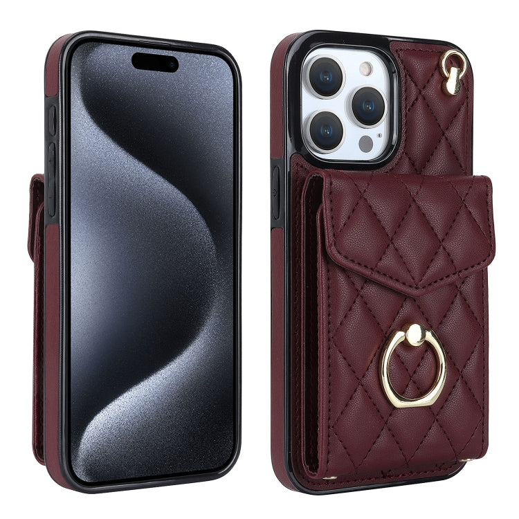 Rhombic Texture Card Bag Phone Case with Long Lanyard, For iPhone 16e, For iPhone 15 Pro Max, For iPhone 15 Pro, For iPhone 15 Plus, For iPhone 15, For iPhone 14 Plus