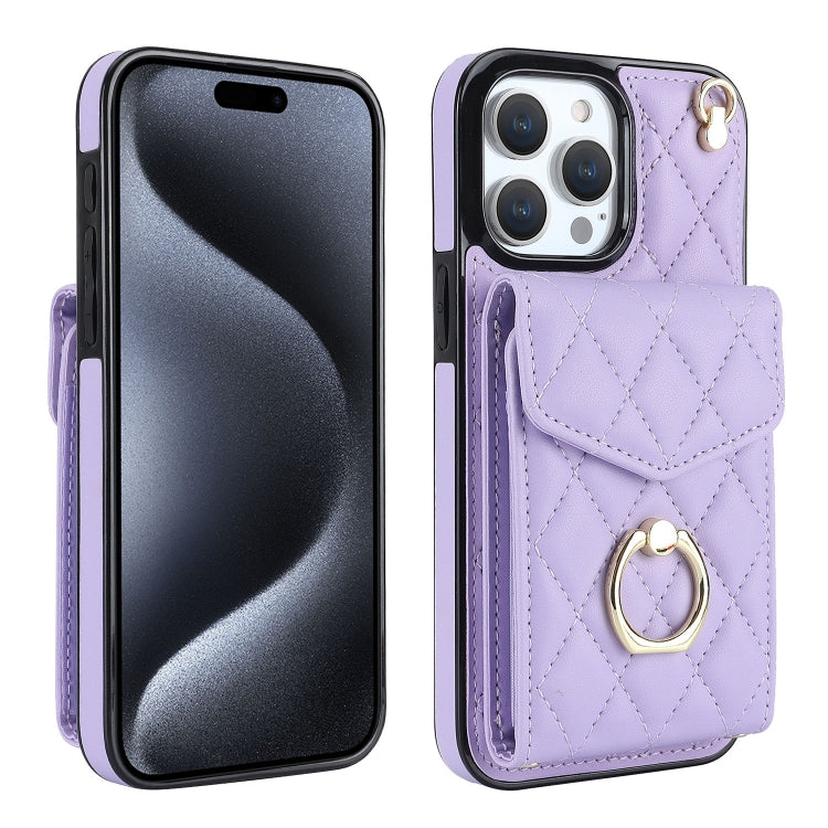 Rhombic Texture Card Bag Phone Case with Long Lanyard, For iPhone 16e, For iPhone 15 Pro Max, For iPhone 15 Pro, For iPhone 15 Plus, For iPhone 15, For iPhone 14 Plus