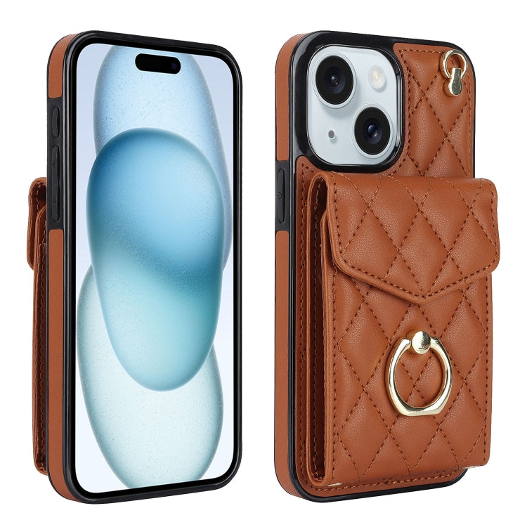 Rhombic Texture Card Bag Phone Case with Long Lanyard, For iPhone 16e, For iPhone 15 Pro Max, For iPhone 15 Pro, For iPhone 15 Plus, For iPhone 15, For iPhone 14 Plus
