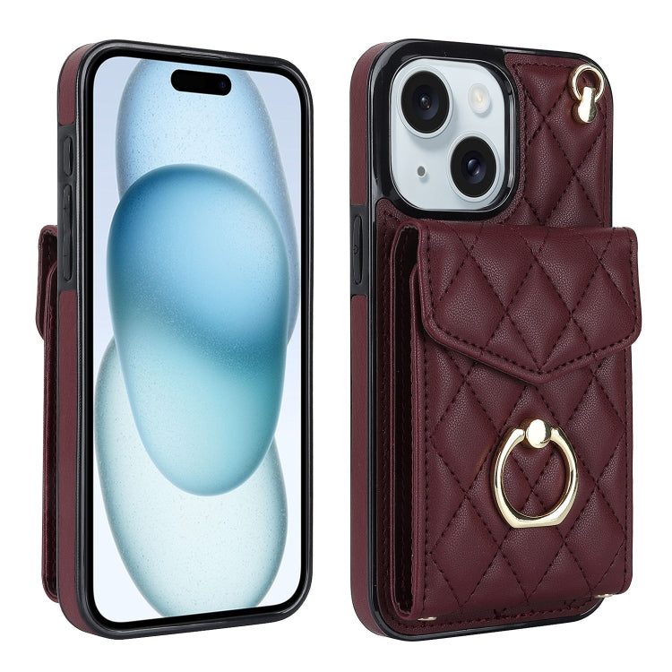 Rhombic Texture Card Bag Phone Case with Long Lanyard, For iPhone 16e, For iPhone 15 Pro Max, For iPhone 15 Pro, For iPhone 15 Plus, For iPhone 15, For iPhone 14 Plus