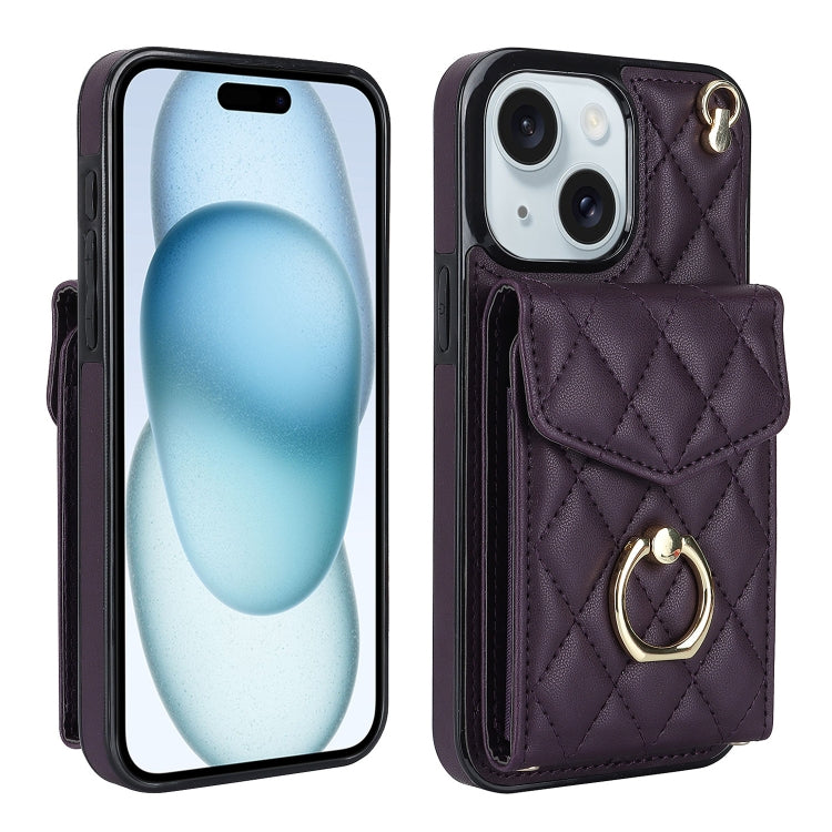 Rhombic Texture Card Bag Phone Case with Long Lanyard, For iPhone 16e, For iPhone 15 Pro Max, For iPhone 15 Pro, For iPhone 15 Plus, For iPhone 15, For iPhone 14 Plus