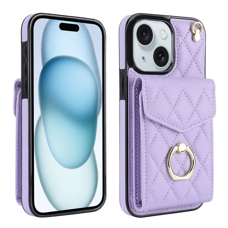 Rhombic Texture Card Bag Phone Case with Long Lanyard, For iPhone 16e, For iPhone 15 Pro Max, For iPhone 15 Pro, For iPhone 15 Plus, For iPhone 15, For iPhone 14 Plus