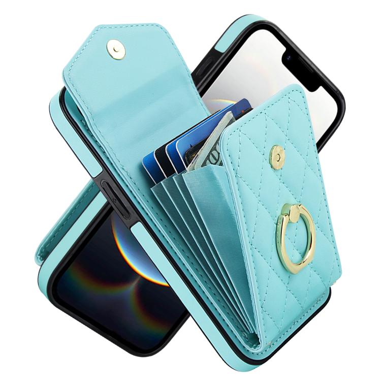 Rhombic Texture Card Bag Phone Case with Long Lanyard, For iPhone 16e, For iPhone 15 Pro Max, For iPhone 15 Pro, For iPhone 15 Plus, For iPhone 15, For iPhone 14 Plus