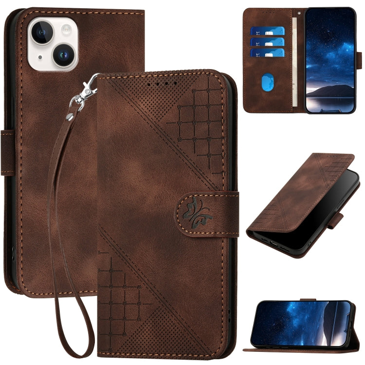 YX0080 Grid Butterfly Embossed Pattern Flip Leather Phone Case with Lanyard