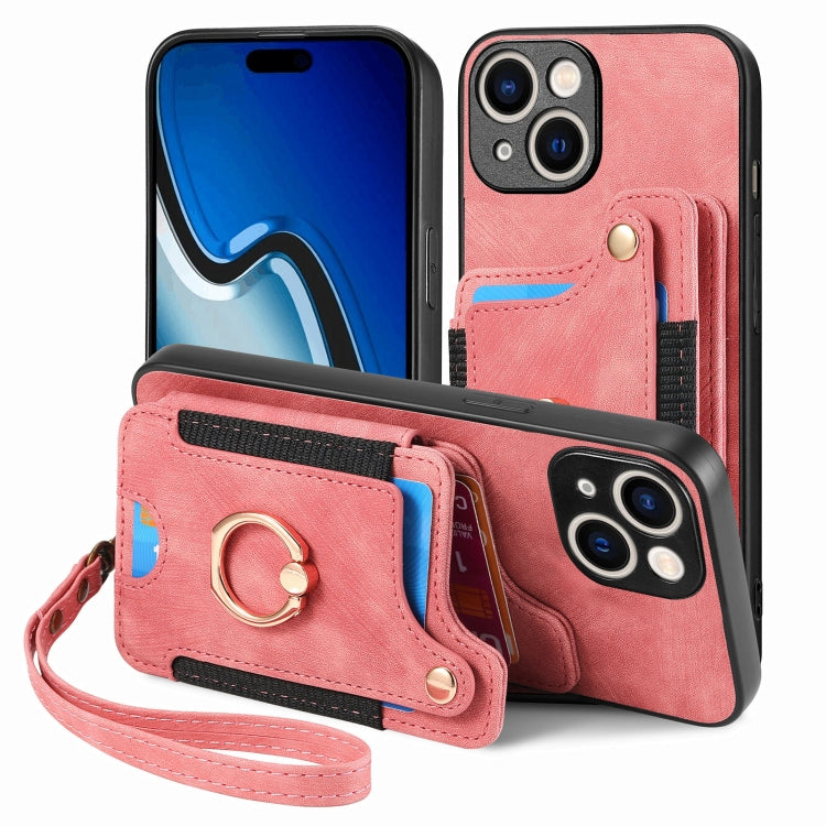 Retro Skin-feel Ring Multi-card Wallet Phone Case, For iPhone 15