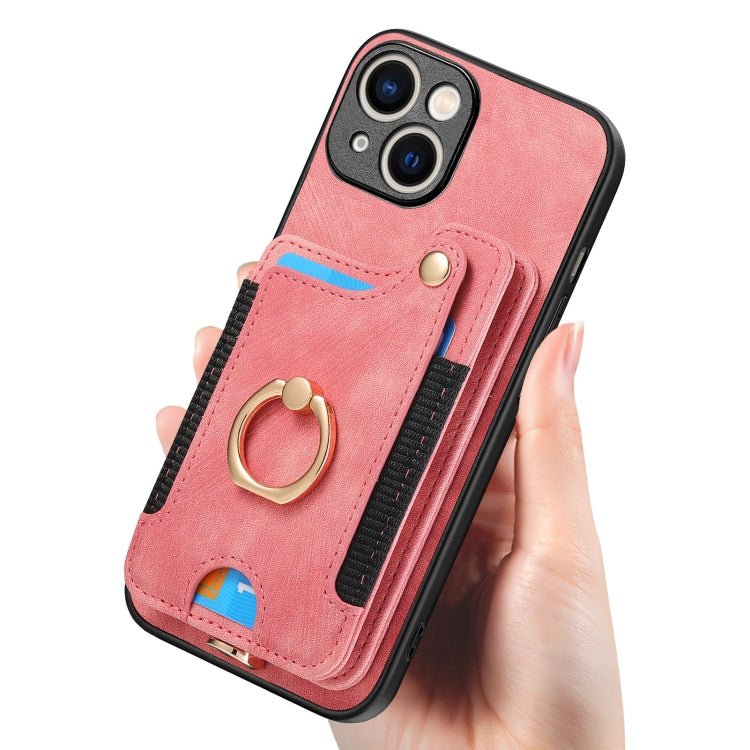 Retro Skin-feel Ring Multi-card Wallet Phone Case, For iPhone 15