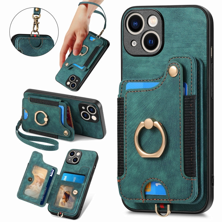 Retro Skin-feel Ring Multi-card Wallet Phone Case, For iPhone 15