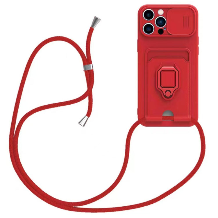 Sliding Camshield Magnetic Card Holder Silicone Phone Case with Lanyard, For iPhone 15, For iPhone 14 Plus, For iPhone 14, For iPhone 14 Pro, For iPhone 14 Pro Max, For iPhone 13 Pro Max, For iPhone 13 Pro, For iPhone 13