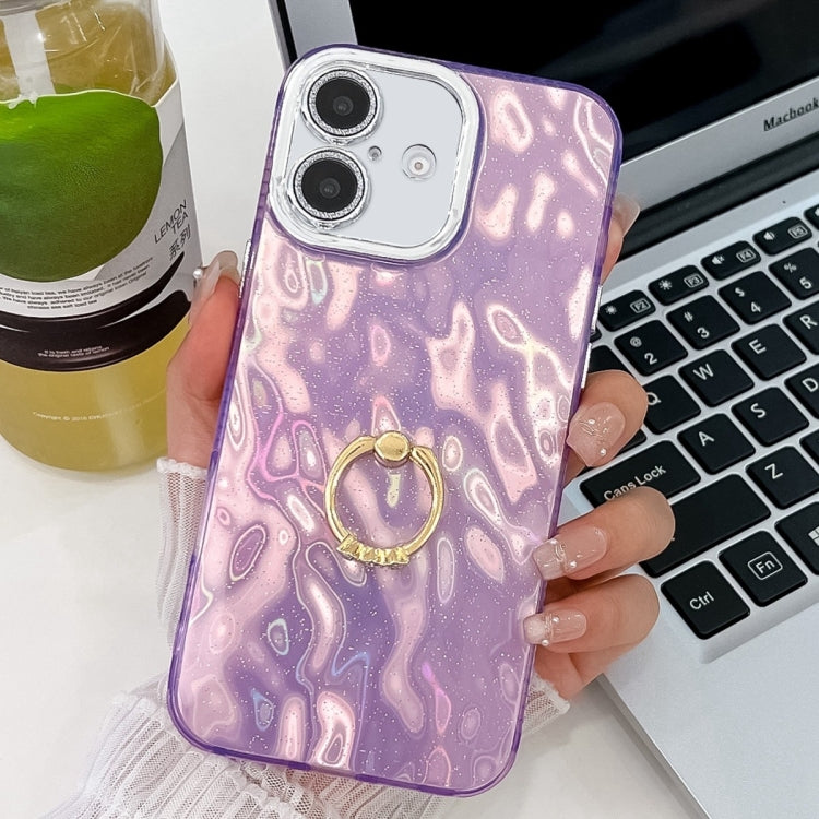 Plating Glitter Texture Ring Holder TPU Phone Case with Lens Film, For iPhone 16 Plus, For iPhone 16