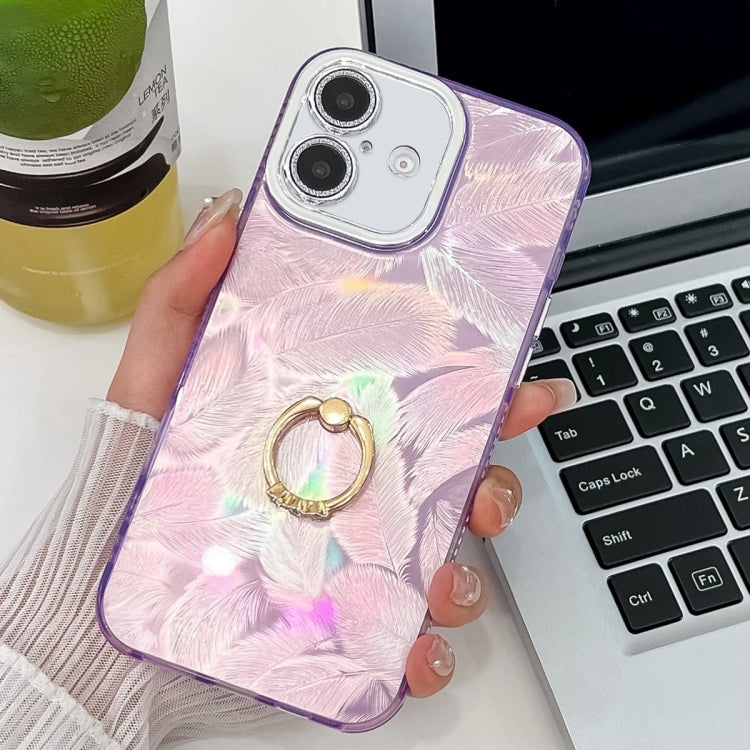 Plating Glitter Texture Ring Holder TPU Phone Case with Lens Film, For iPhone 16 Plus, For iPhone 16