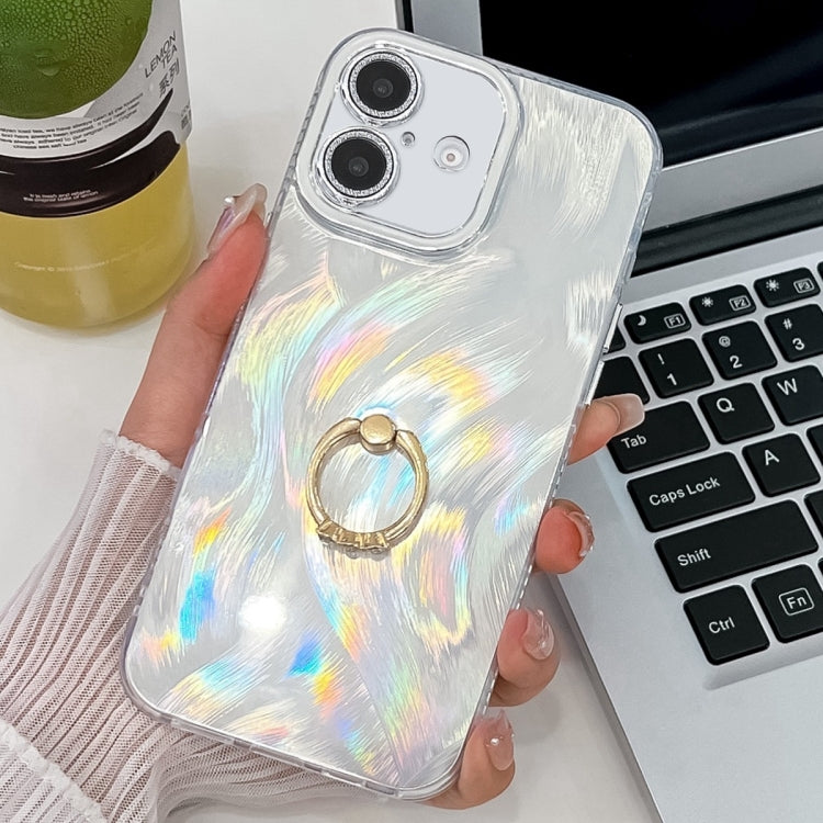 Plating Glitter Texture Ring Holder TPU Phone Case with Lens Film, For iPhone 16 Plus, For iPhone 16