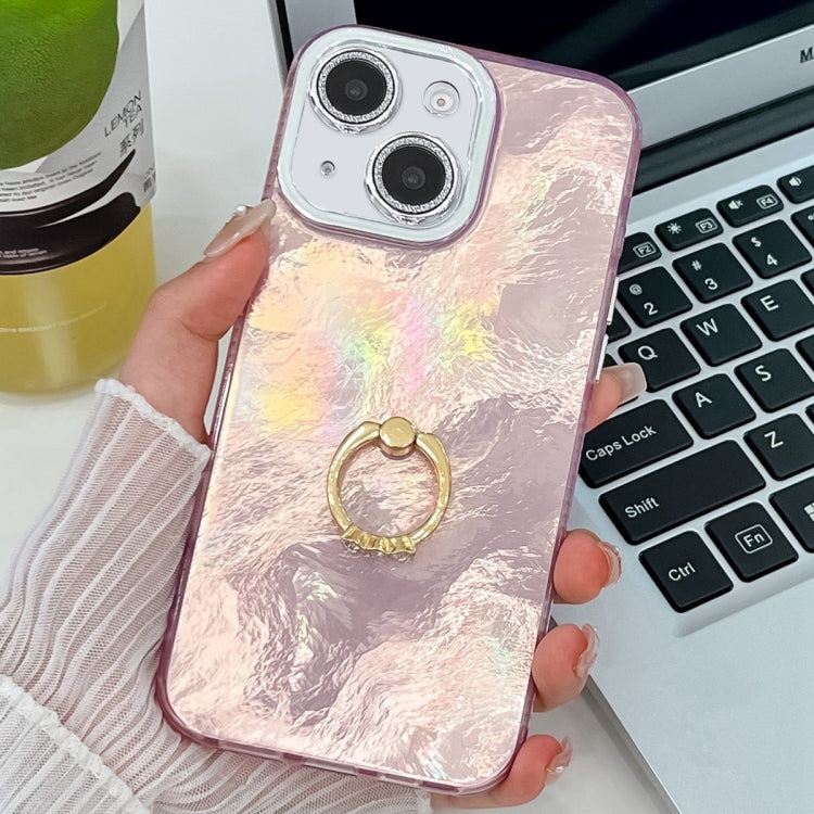Plating Glitter Texture Ring Holder TPU Phone Case with Lens Film, For iPhone 15, For iPhone 14