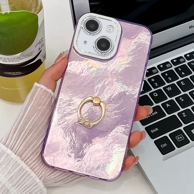 Plating Glitter Texture Ring Holder TPU Phone Case with Lens Film, For iPhone 15, For iPhone 14