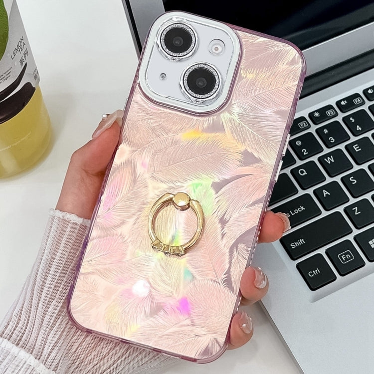 Plating Glitter Texture Ring Holder TPU Phone Case with Lens Film, For iPhone 15, For iPhone 14