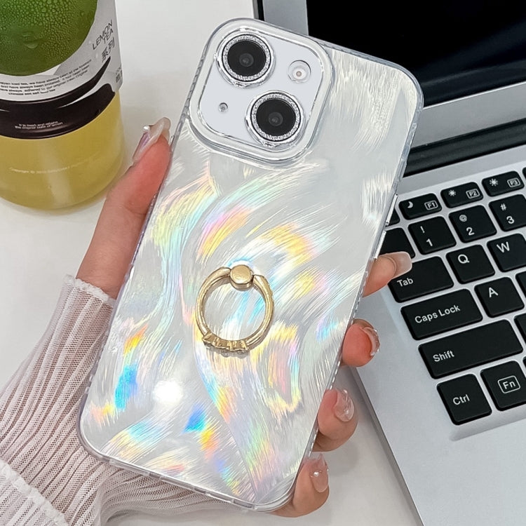 Plating Glitter Texture Ring Holder TPU Phone Case with Lens Film, For iPhone 15, For iPhone 14