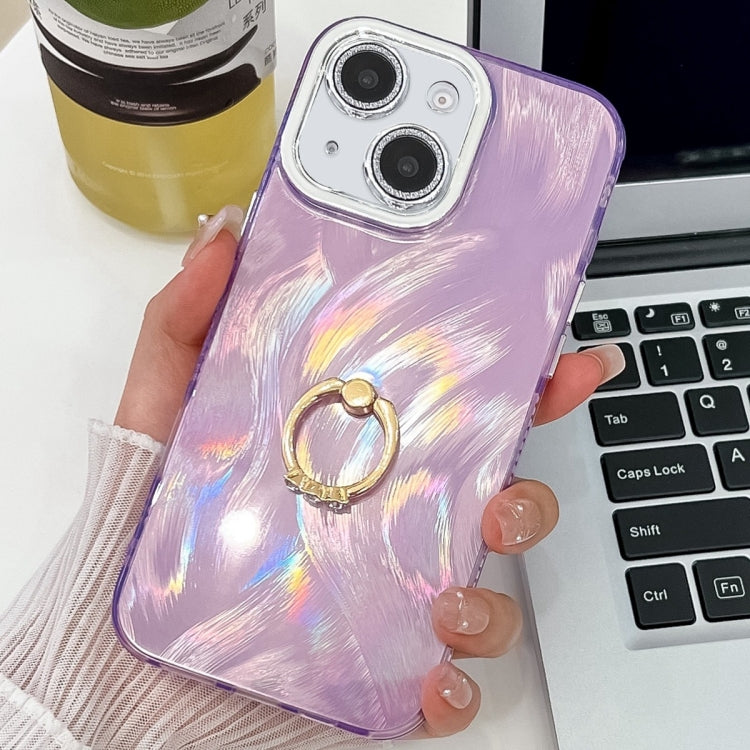 Plating Glitter Texture Ring Holder TPU Phone Case with Lens Film, For iPhone 15, For iPhone 14