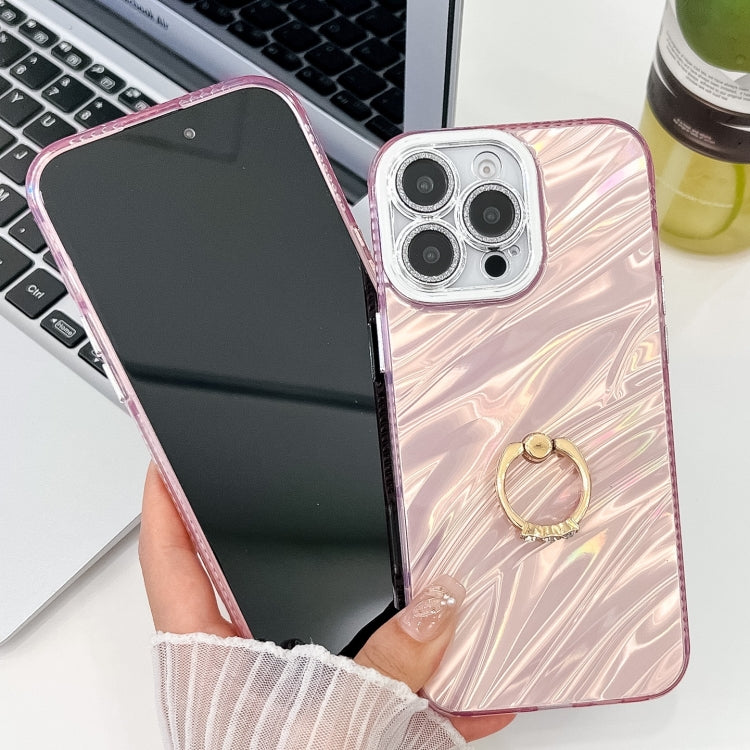 Plating Glitter Texture Ring Holder TPU Phone Case with Lens Film, For iPhone 15, For iPhone 14