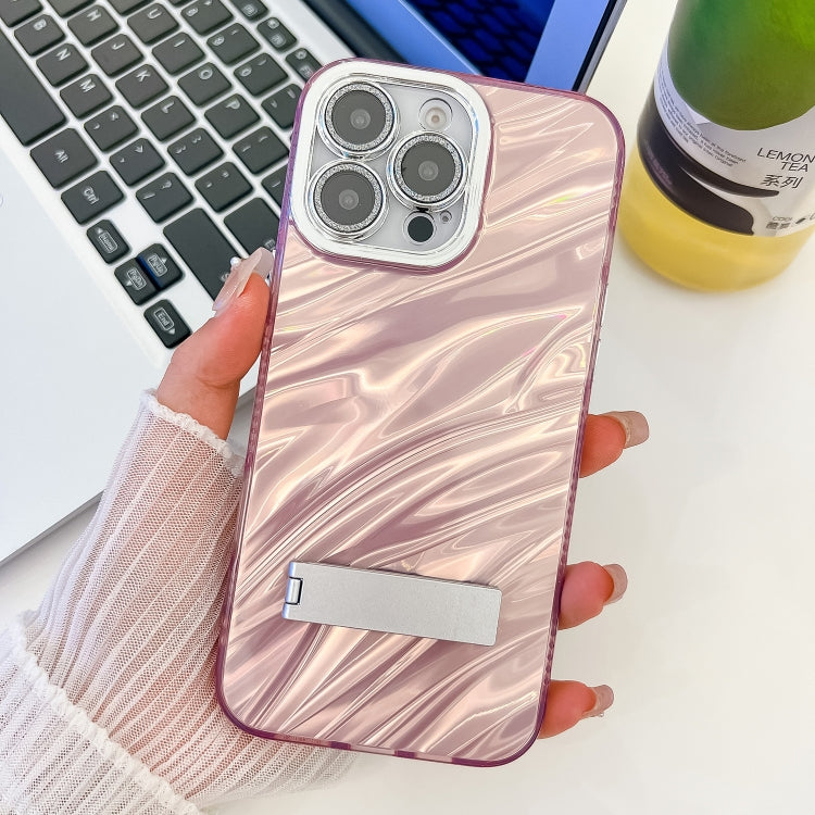 Plating Glitter Texture Fold Holder TPU Phone Case with Lens Film, For iPhone 16 Pro, For iPhone 16 Plus