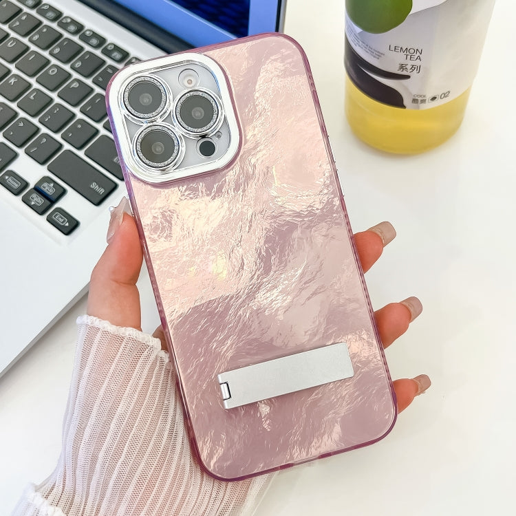 Plating Glitter Texture Fold Holder TPU Phone Case with Lens Film, For iPhone 16 Pro, For iPhone 16 Plus