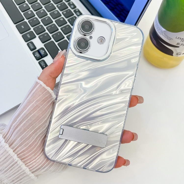 Plating Glitter Texture Fold Holder TPU Phone Case with Lens Film, For iPhone 16 Pro, For iPhone 16 Plus