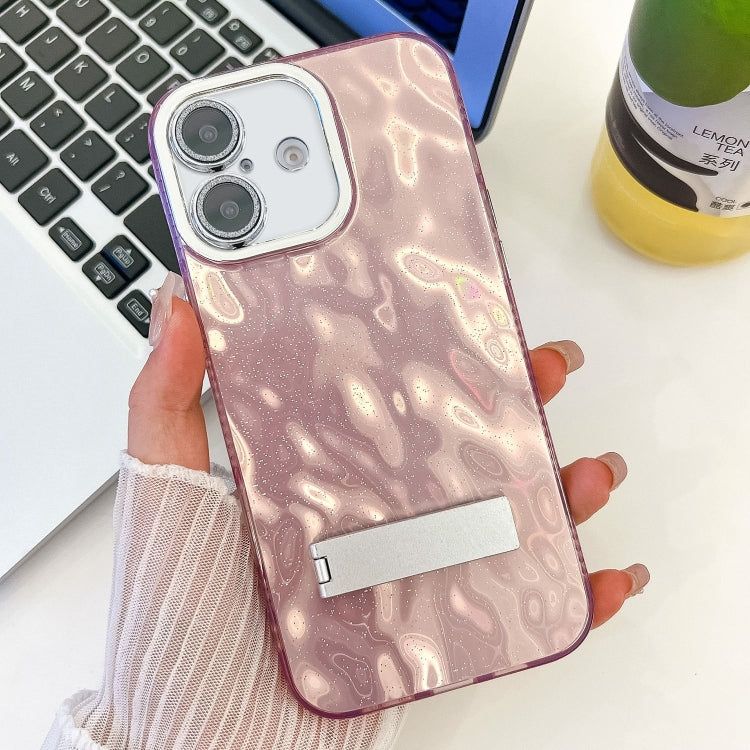 Plating Glitter Texture Fold Holder TPU Phone Case with Lens Film, For iPhone 16 Pro, For iPhone 16 Plus