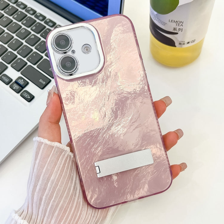 Plating Glitter Texture Fold Holder TPU Phone Case with Lens Film, For iPhone 16 Pro, For iPhone 16 Plus