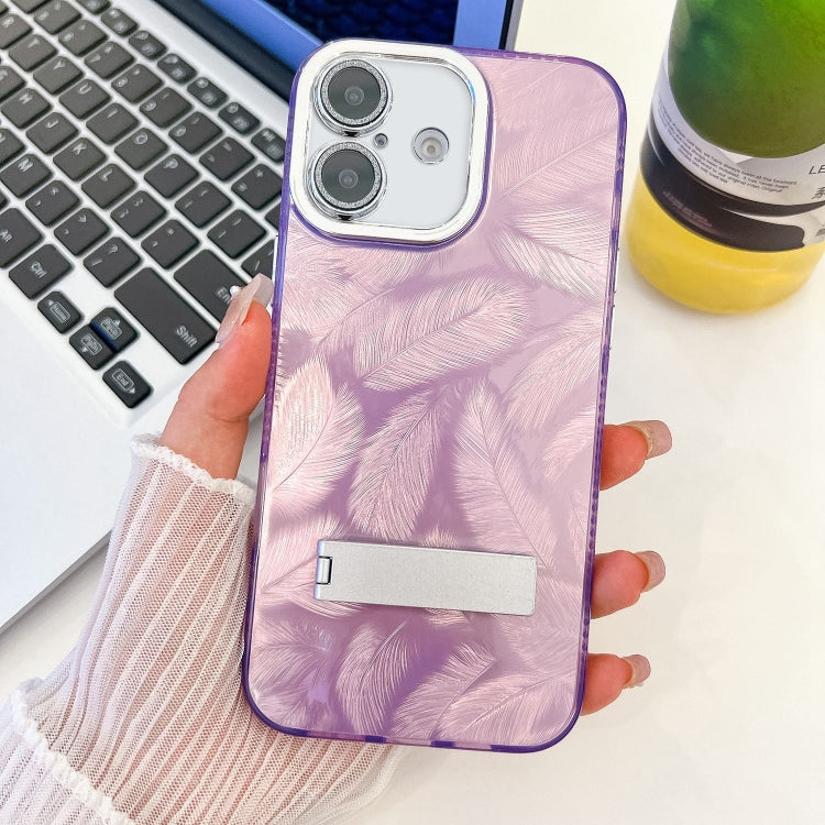 Plating Glitter Texture Fold Holder TPU Phone Case with Lens Film, For iPhone 16, For iPhone 15 Pro Max