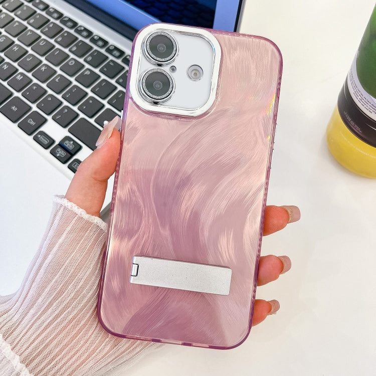 Plating Glitter Texture Fold Holder TPU Phone Case with Lens Film, For iPhone 16, For iPhone 15 Pro Max