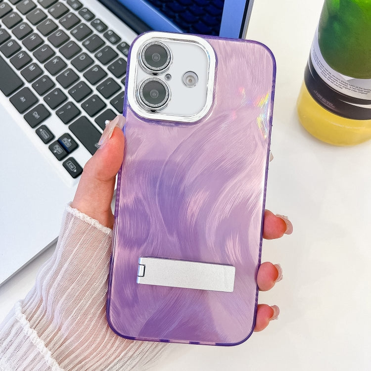 Plating Glitter Texture Fold Holder TPU Phone Case with Lens Film, For iPhone 16, For iPhone 15 Pro Max