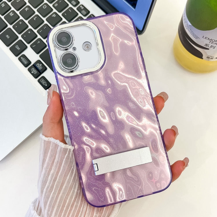 Plating Glitter Texture Fold Holder TPU Phone Case with Lens Film, For iPhone 16, For iPhone 15 Pro Max