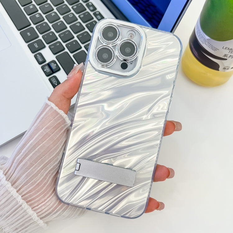 Plating Glitter Texture Fold Holder TPU Phone Case with Lens Film, For iPhone 16, For iPhone 15 Pro Max