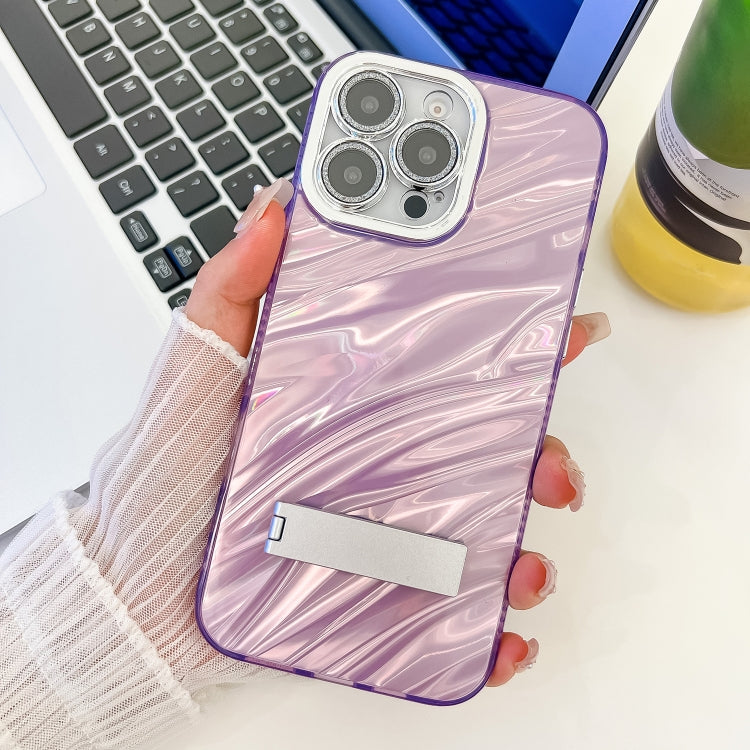 Plating Glitter Texture Fold Holder TPU Phone Case with Lens Film, For iPhone 16, For iPhone 15 Pro Max