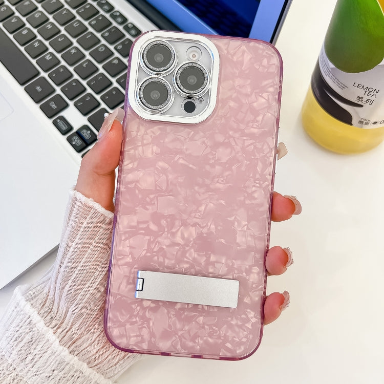 Plating Glitter Texture Fold Holder TPU Phone Case with Lens Film, For iPhone 16, For iPhone 15 Pro Max