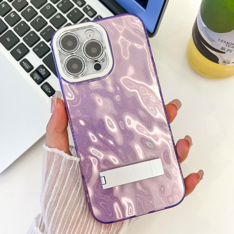 Plating Glitter Texture Fold Holder TPU Phone Case with Lens Film, For iPhone 15 Pro, For iPhone 15
