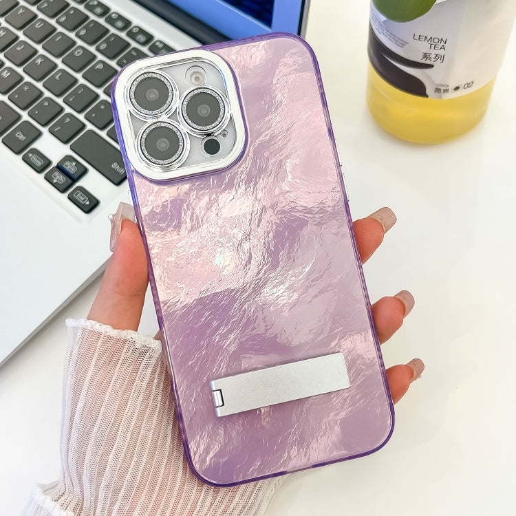 Plating Glitter Texture Fold Holder TPU Phone Case with Lens Film, For iPhone 15 Pro, For iPhone 15