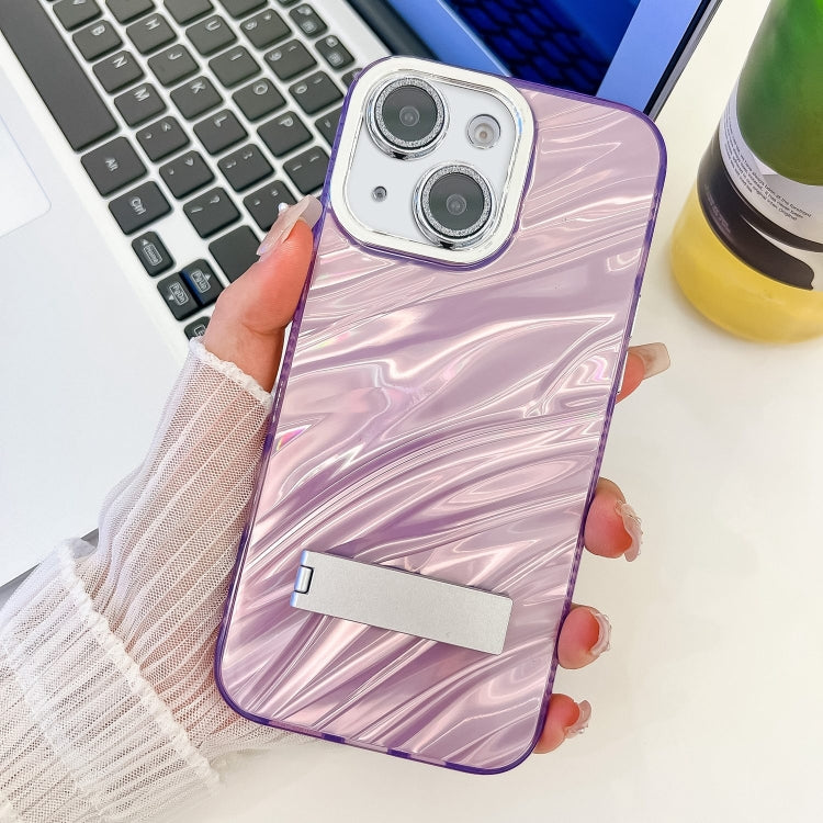 Plating Glitter Texture Fold Holder TPU Phone Case with Lens Film, For iPhone 15 Pro, For iPhone 15