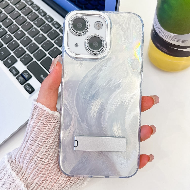 Plating Glitter Texture Fold Holder TPU Phone Case with Lens Film, For iPhone 15 Pro, For iPhone 15