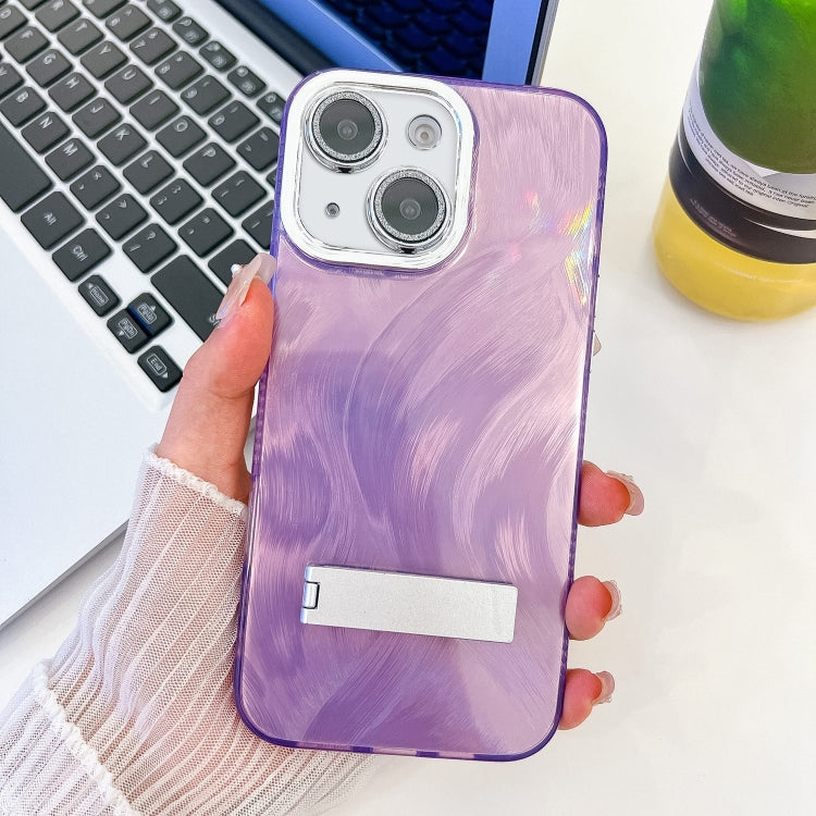 Plating Glitter Texture Fold Holder TPU Phone Case with Lens Film, For iPhone 15 Pro, For iPhone 15
