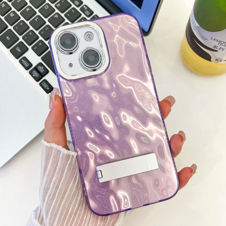 Plating Glitter Texture Fold Holder TPU Phone Case with Lens Film, For iPhone 15 Pro, For iPhone 15