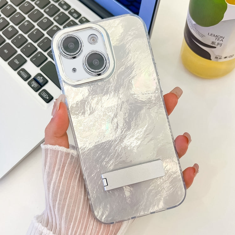 Plating Glitter Texture Fold Holder TPU Phone Case with Lens Film, For iPhone 15 Pro, For iPhone 15