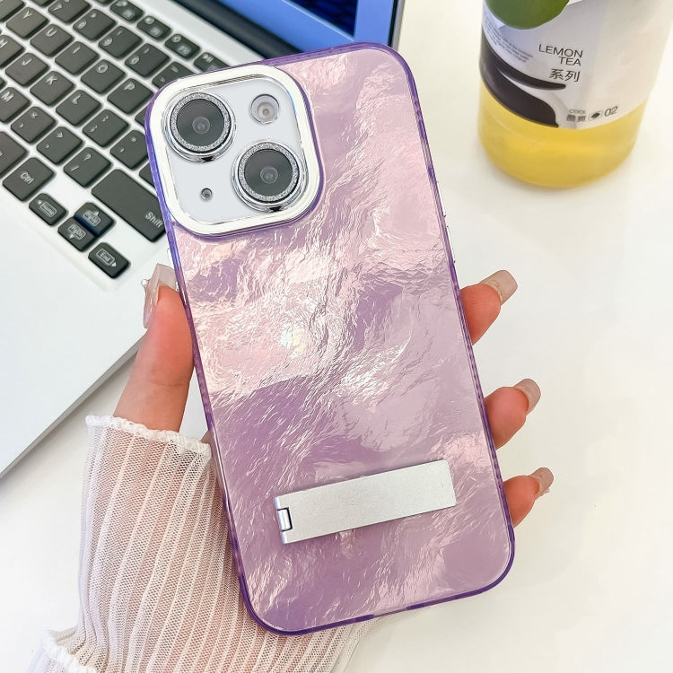 Plating Glitter Texture Fold Holder TPU Phone Case with Lens Film, For iPhone 15 Pro, For iPhone 15