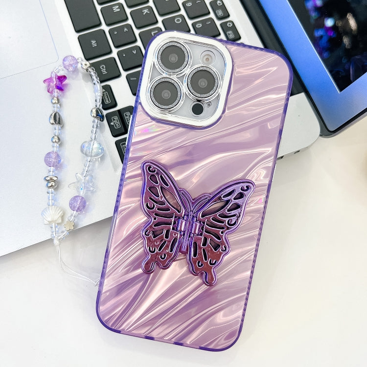 Plating Glitter Lens Film Texture Butterfly Holder Wristband Phone Case, For iPhone 16 Pro, For iPhone 16 Plus