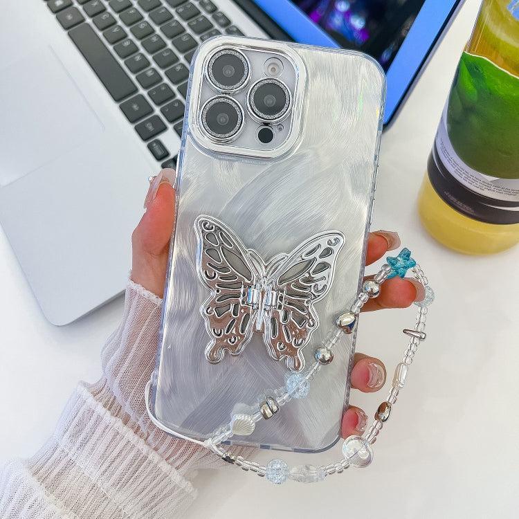 Plating Glitter Lens Film Texture Butterfly Holder Wristband Phone Case, For iPhone 16 Pro, For iPhone 16 Plus