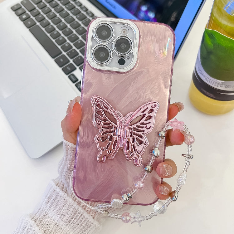 Plating Glitter Lens Film Texture Butterfly Holder Wristband Phone Case, For iPhone 16 Pro, For iPhone 16 Plus