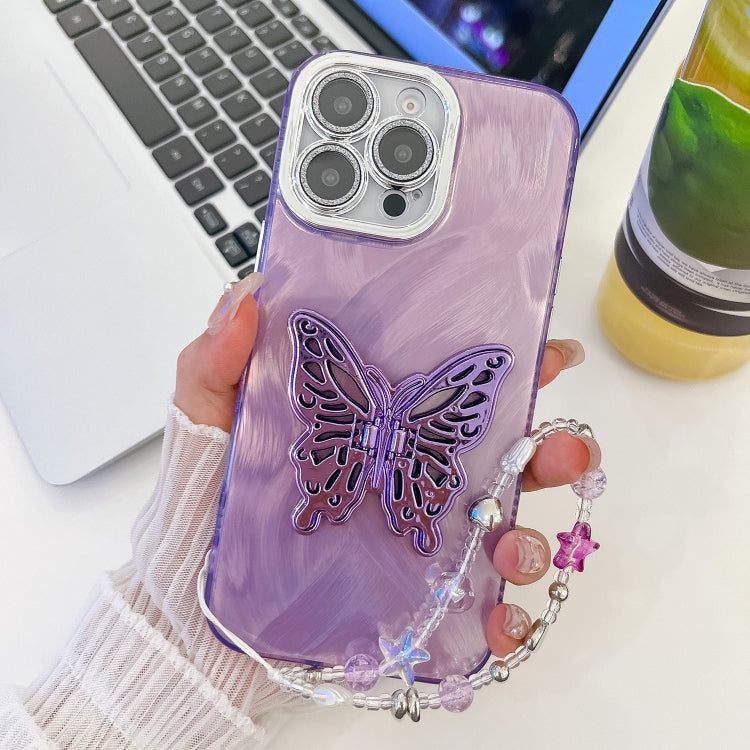 Plating Glitter Lens Film Texture Butterfly Holder Wristband Phone Case, For iPhone 16 Pro, For iPhone 16 Plus